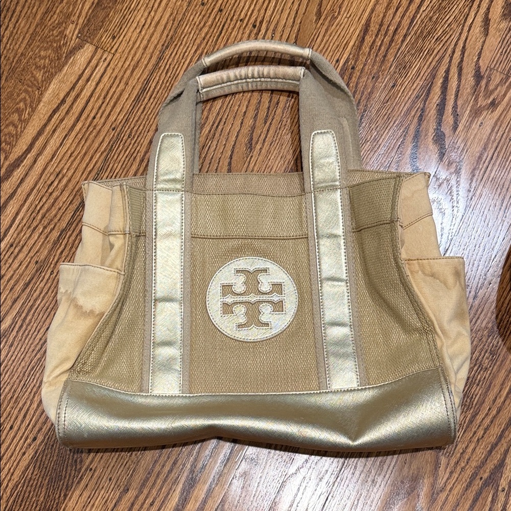 Tory Burch Saffiano Metallic Gold and Tan Tote